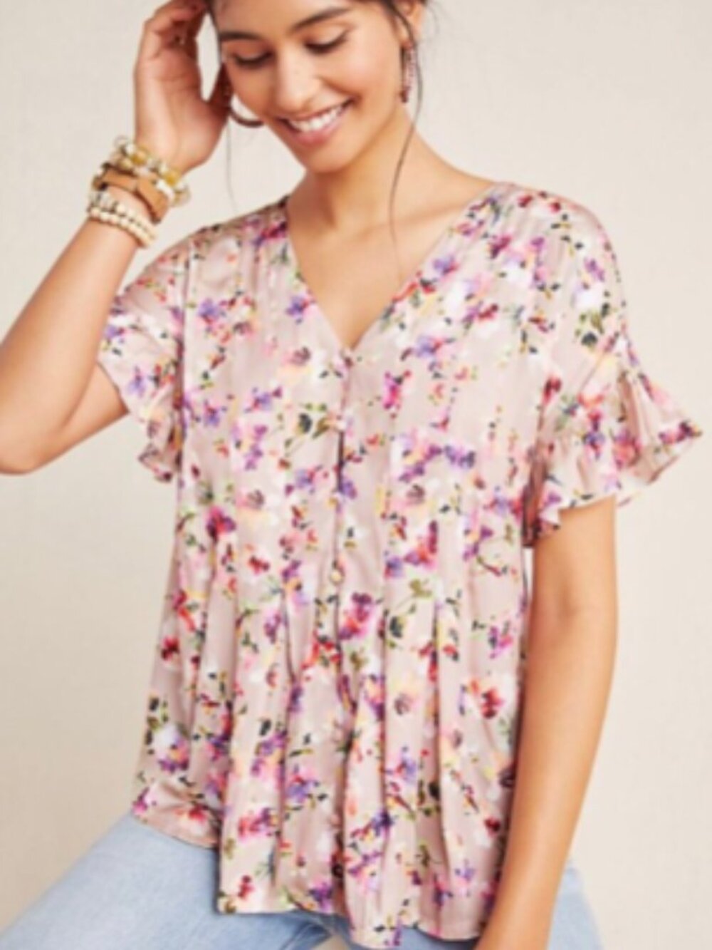 ✨ Dolan Left Coast "Mitzi" Floral Pleated V-Neck Ruffle Blouse Size XS ✨